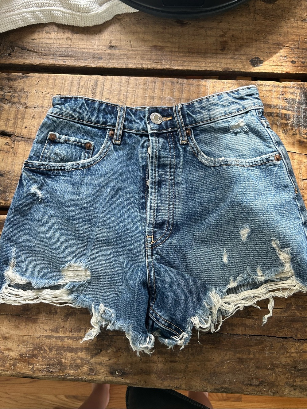 Zara Frayed High-Waist Distressed Denim Shorts - Blue